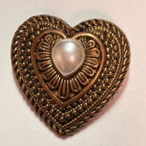 Vintage bronze tone Heart Brooch with faux Pearl Center